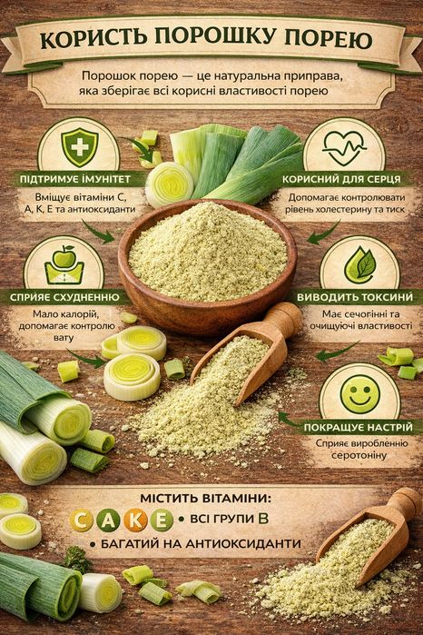 Цибуля порей (порошок)100% натуральний — для супів, соусів, детокс