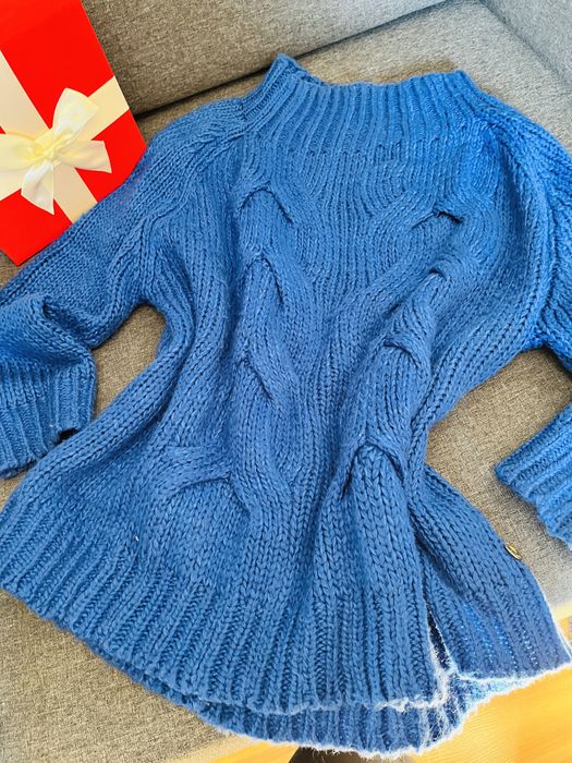 Sweter gruby Diverse niebieski sploty warkocze rozmiar M 38 40