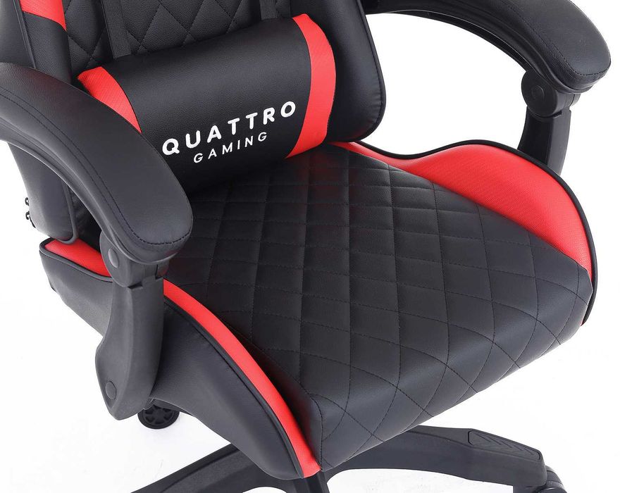 Fotel Gamingowy Quattro Carbon Red z Wysuwanym Podnóżkiem i Pikowanym Obiciem