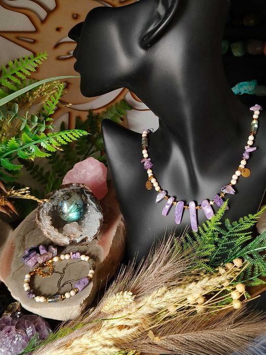 Czaroit, Labradoryt, naszyjnik , bransoletka, zestaw