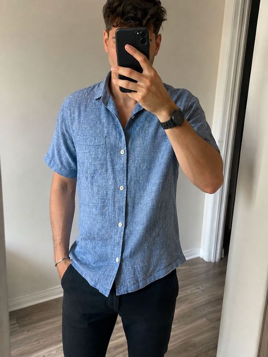 Folk roz. M męska niebieska lniana koszula casual kubański kołnierzyk blue linen shirt camp collar
