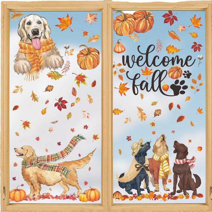 Horaldaily Jesienne Naklejki na Okna Psy Dynie Liście Zestaw 77 Sztuk