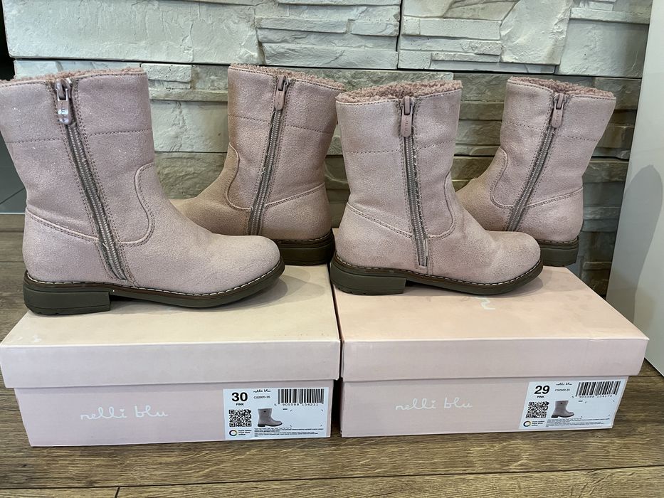Buty zimowe, kozaczki dla bliźniaczek roz. 29 i 30.