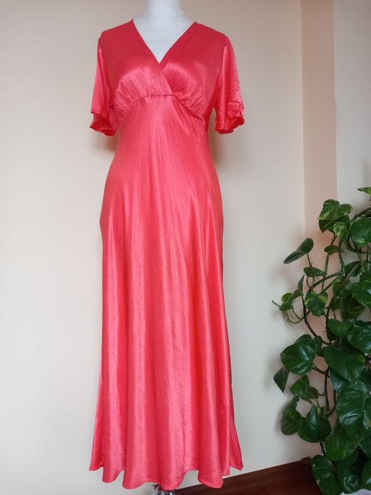 koralowa długa elegancka sukienka w stylu retro/vintage M&S 100% wisko