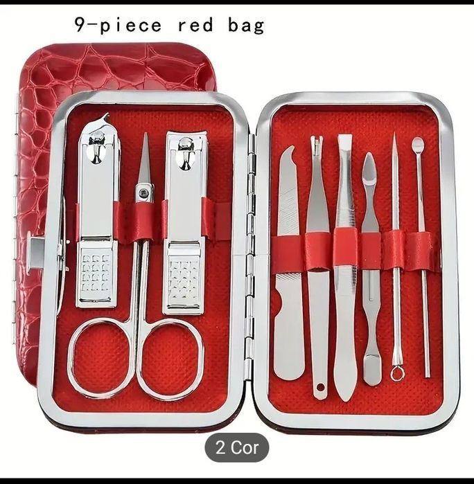 Conjunto de Manicure e pedicure com 9 peças, disponível em 2 cores.