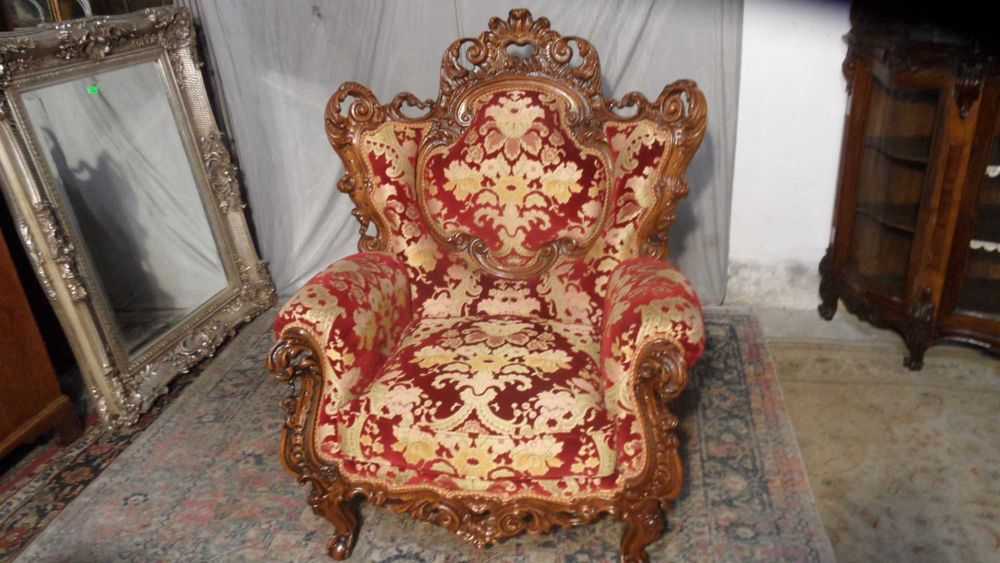 Fotel Brokowy Bogato Rzeżbiony Tapicerka Welur z Włoch