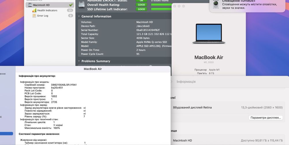 1 цикл Apple Macbook Air 13 2020 M1 8GB RAM 128GB SSD IL6402