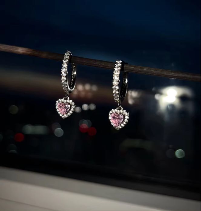 Срібні сережки Pandora оригінал Рожеве Серце з блискучим ореолом