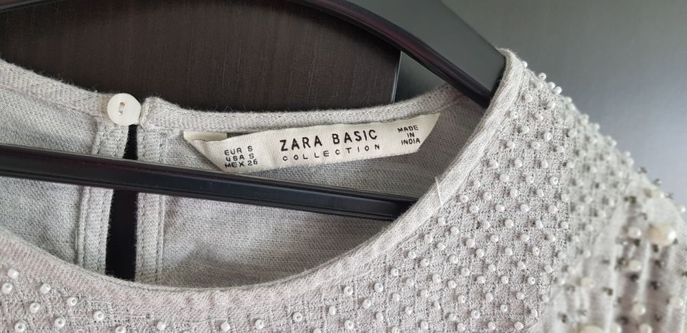 ZARA Basic szara bluzka falbanki koraliki perełki S gratis