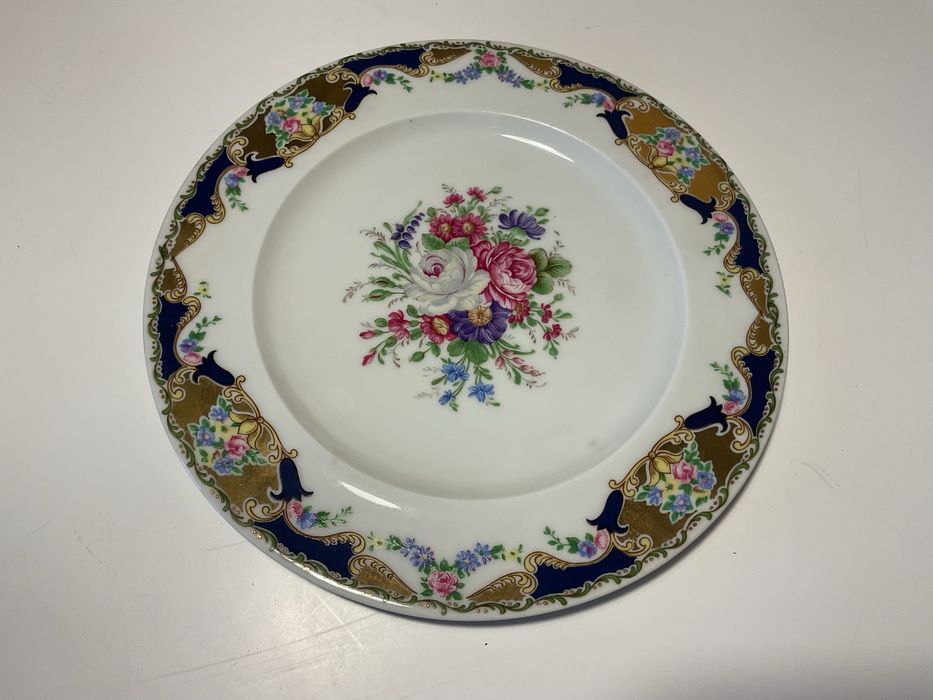Prato decorativo em porcelana Limoges – floral clássico azul e dourado