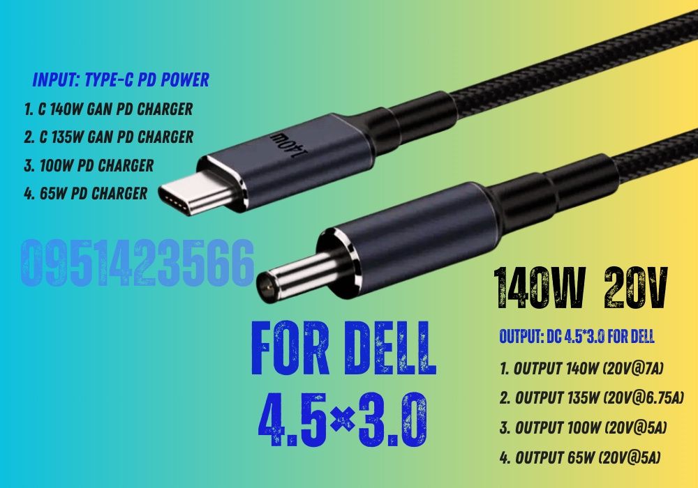 7.4×5.0 Dell, HP 4.5×3.0 ASUS 140W 7A кабель для ноутбука Type-C to DC
