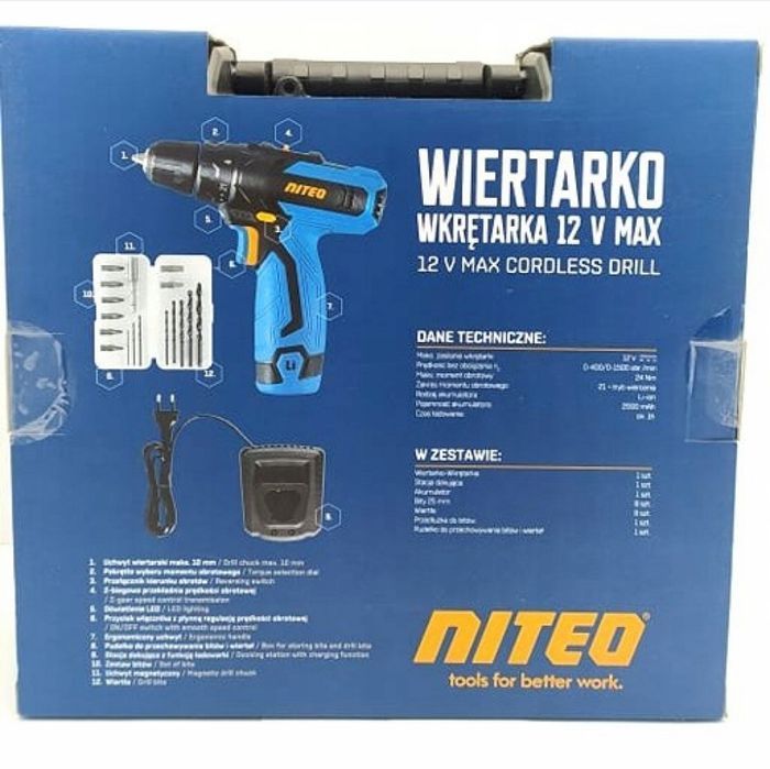 Wiertarko wkrętarka Niteo 12v max walizka akumulatorowa Nowa akcesoria