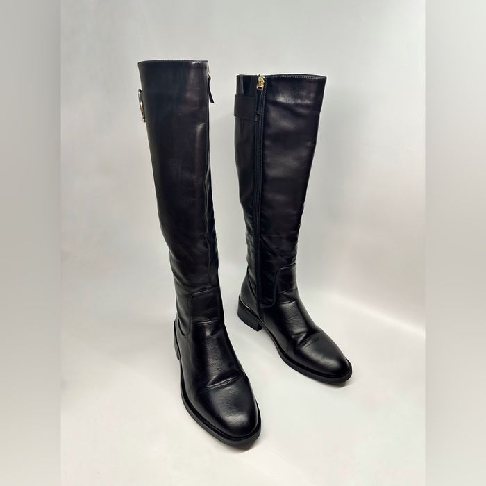 Високі чорні ботинки зі штучної шкіри без каблука, розмір 37, б/у