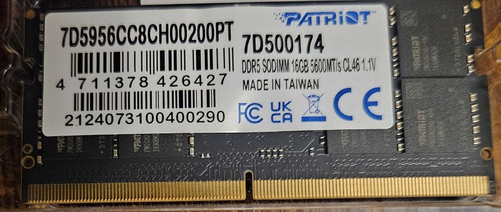 Оперативна пам'ять для ноутбуків patriot so-dimm ddr5-5600 16384mb pc5-44800 cl46 (7d5956cc8ch00200pt)