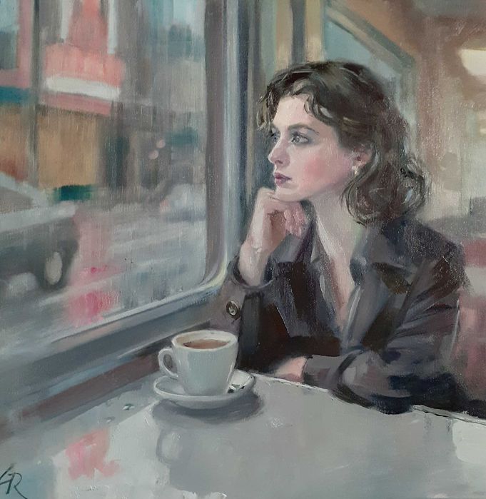 Grażyna Rodziewicz "Przy oknie" Obraz olejny na płótnie. 40 X 40 cm