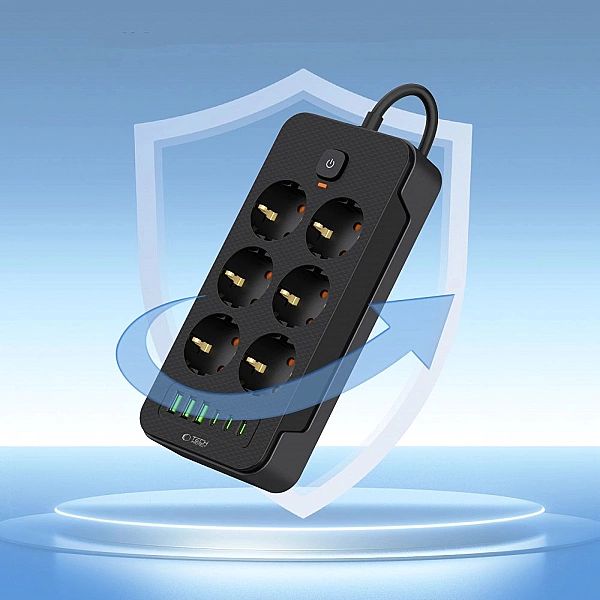 Tech-Protect Pc6X6 Power Strip 3 Usb & 3 Type-C & 6 Socket 200Cm Black