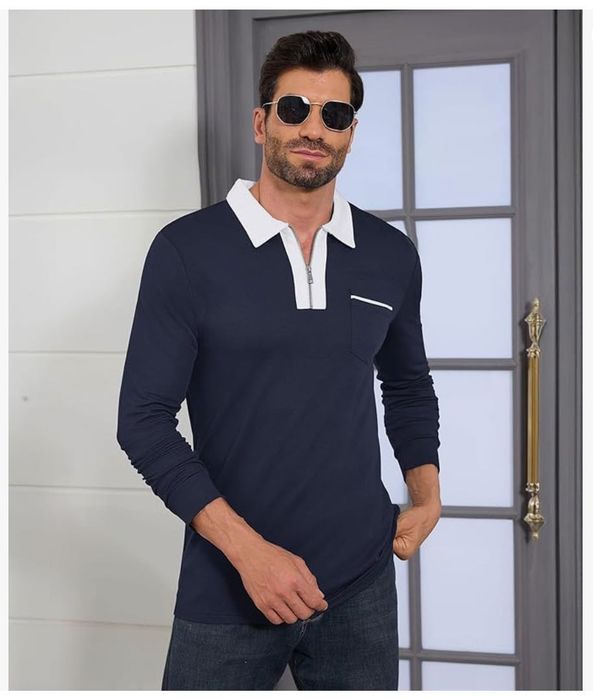 Męska klasyczna bluzka polo, granatowa z białym kołnierzem, rozm. 2XL, ELAINONE
