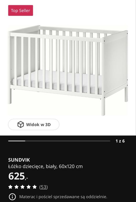 Łóżeczko dziecięce ikea sundvik, 120x60 cm, białe