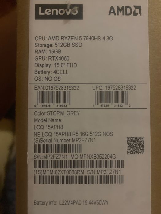 Lenovo Loq, rtx 4060 8 gb, ryzen 5 7640HS, 16 озу, 1 тб ссд: 40 000 грн ...