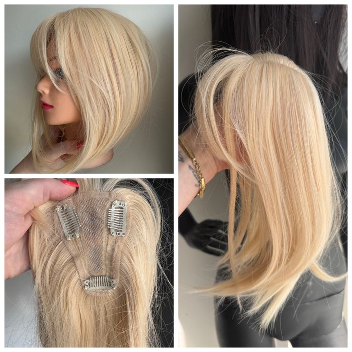 Topper blond z grzywką , przedziałek z siateczki