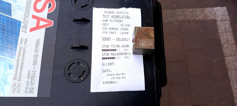 Akumulator BSA Germany AGM SOLAR 12V 150Ah/C100, test 84%