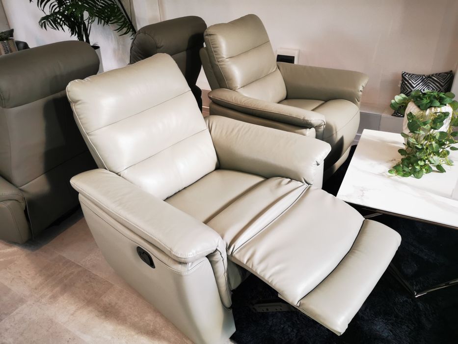 Sofa 3os.+ 2 fotele z funkcją Relax / wypoczynkowy Alex firmy Deko. Skóra włoska naturalna.