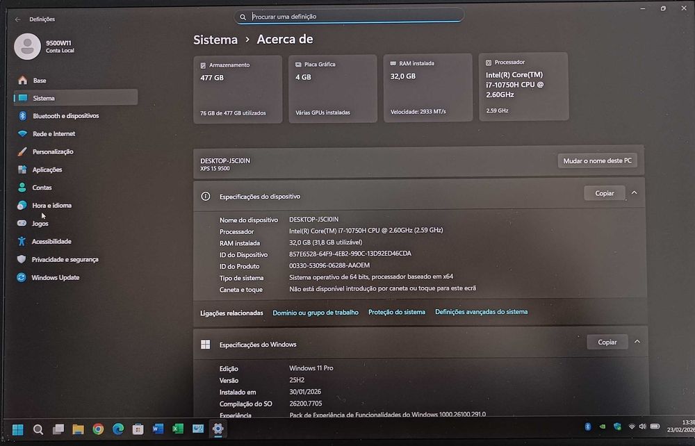 Dell XPS 15 9500-Ecrã 15.6FHD/Gráf. NVIDIA 4GB/Core i7/SSD NVME/32GB