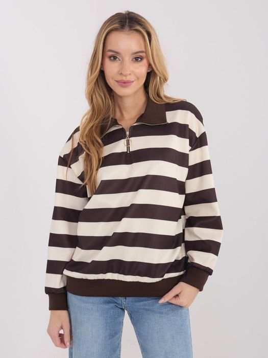 Jasnobeżowa bluza damska w paski typu polo z kołnierzykiem casual