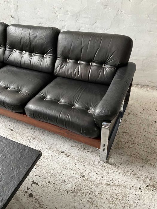 Sofa mid century skóra palisander chrom lata 60 70 vintage design
