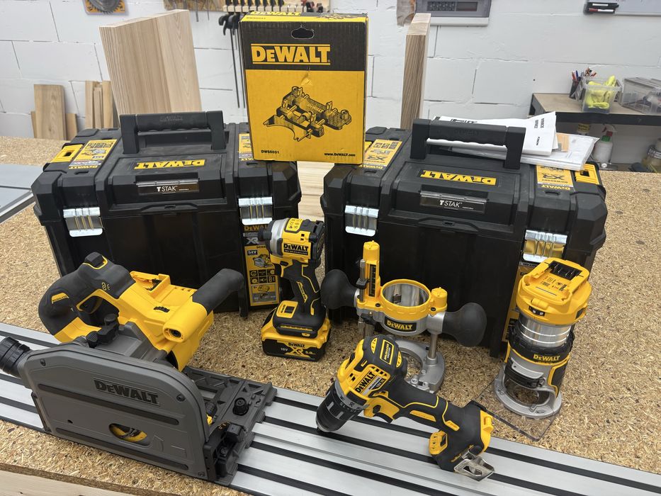 DeWalt zestaw XR/FlexVolt: zagłębiarka DCS520T2, frezarka DCW604NT, DCF850, DCD791, 3 aku, 2 TSTAK, szyna 1,5 m, DWS5031