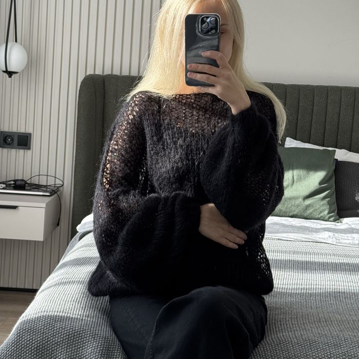 Светр чорний вовняний мохеровий павутинка хмаринка оверсайз ручна робо
