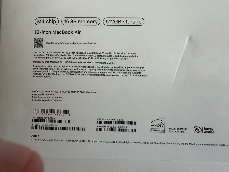 MacBook Air 13" Apple M4 16GB/512GB SSD/Silver