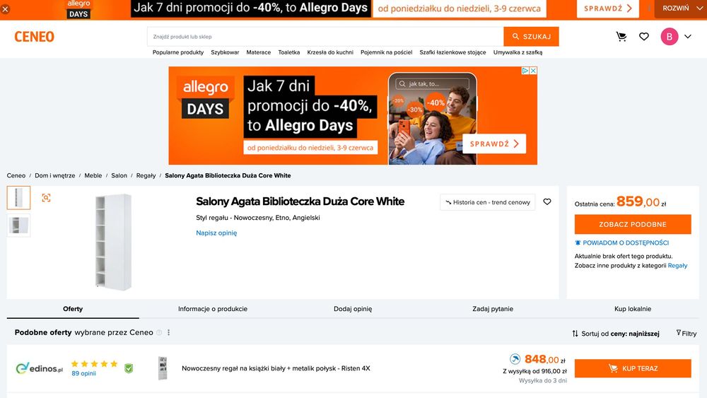 Agata Meble Biblioteczka duża CORE WHITE regał MDF połysk