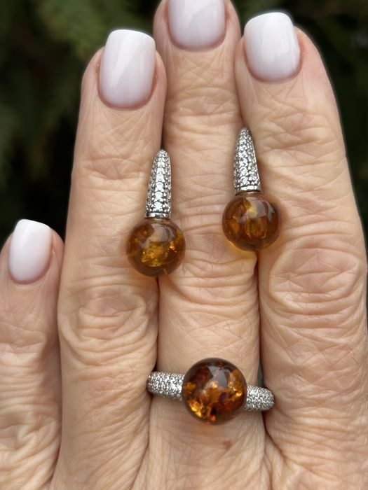 Новий шикарний срібний набір з натуральним бурштином, срібло 925 проба