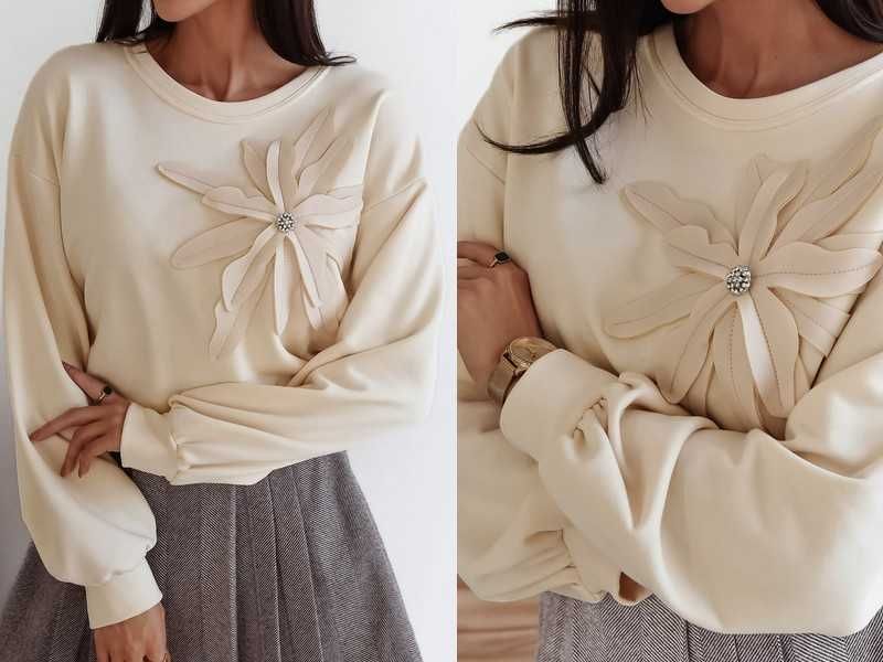 Xana bluza bawełniana beżowa  z dużym kwiatem 3D