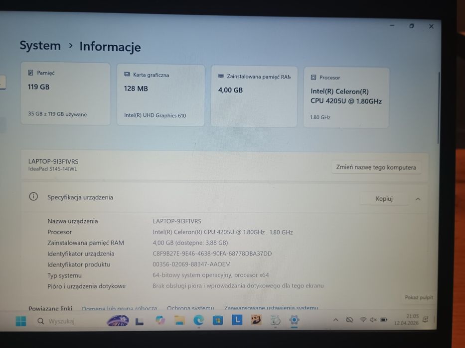 Laptop Lenovo IdeaPad S145-14IWL - 100% sprawny, bardzo dobry stan