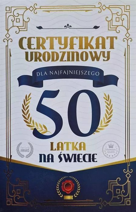 Karnet Certyfikat Urodzinowy 50 urodziny męskie. Yeku