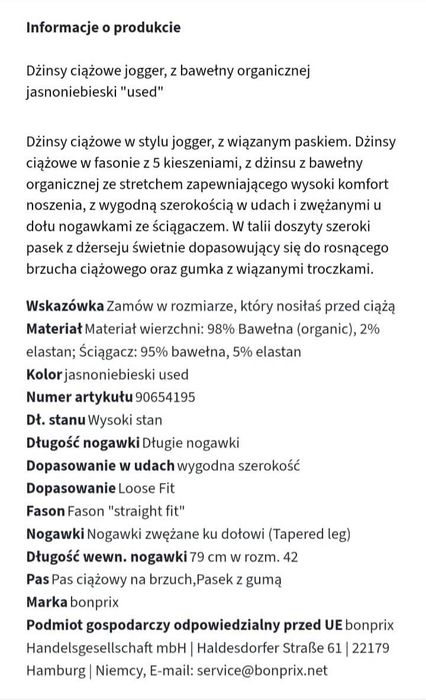 Jeansy ciążowe, jogger z bawełny organicznej