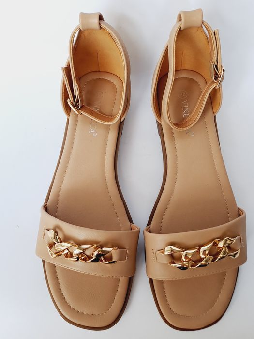 Sandały damskie Vinceza, beżowe, płaskie, złoty łańcuszek, 38,39