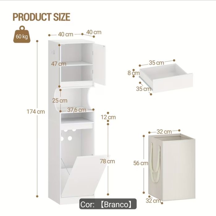 Armário de Casa de Banho Branco com Cesto de Roupa