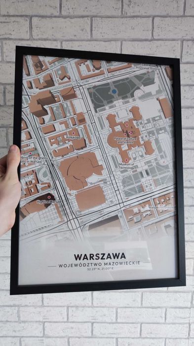 Plakat A3 w ramie mapa Warszawy - nowoczesny poster miasta