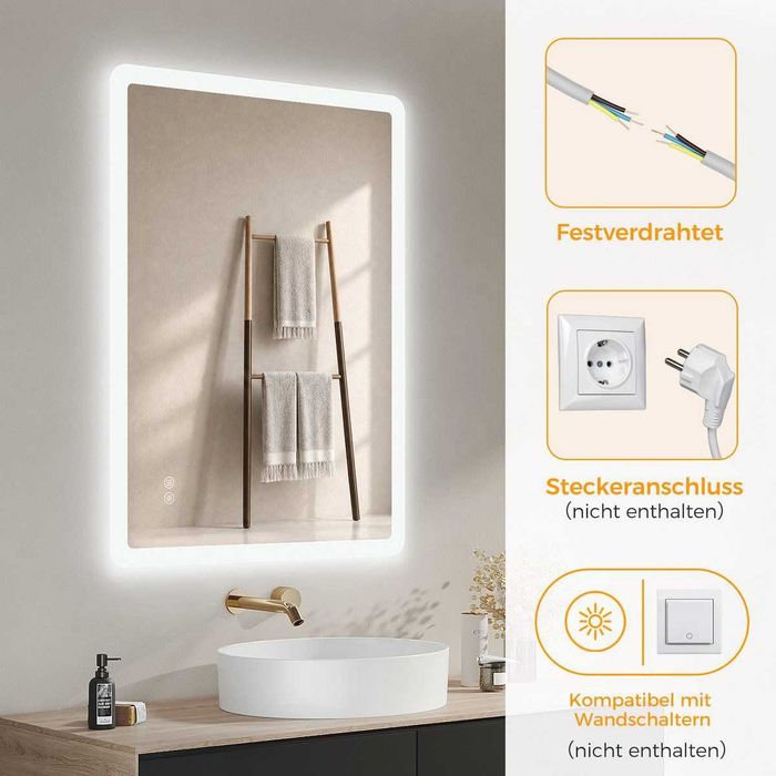Lustro łazienkowe IMPTS 100 × 60 cm LED 3 barwy Anti-Fog ściemniane dotykowe