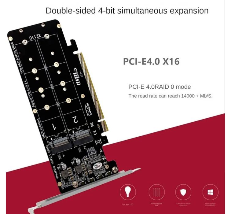 Adapter M.2 NVMe PCIe 4.0 x16 na 4x Dysk SSD | NOWY | PH44PRO