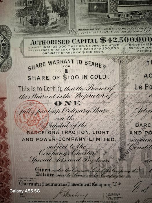 Título ao portador da Barcelona Traction, Light and Power.