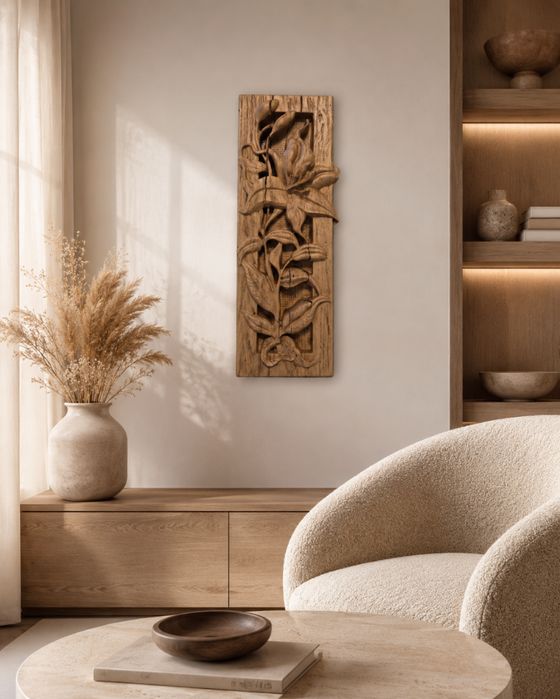Panel Dębowy Lilia 3D Dekoracja Ścienna Płaskorzeźba Ozdoba