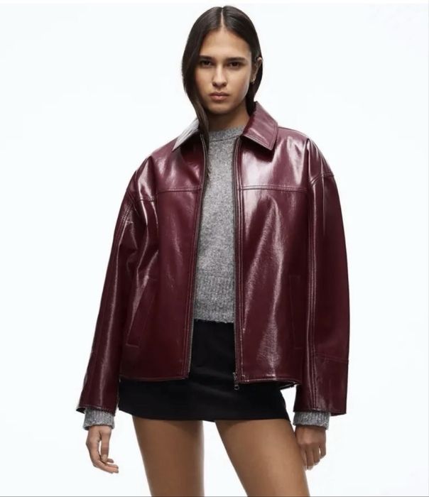 Шкіряна куртка лакована екошкіра Bershka шкірянка осіння бургунді вишнева