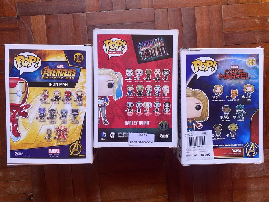 Funko Pop Iron Man, Harley Quinn e Captain Marvel