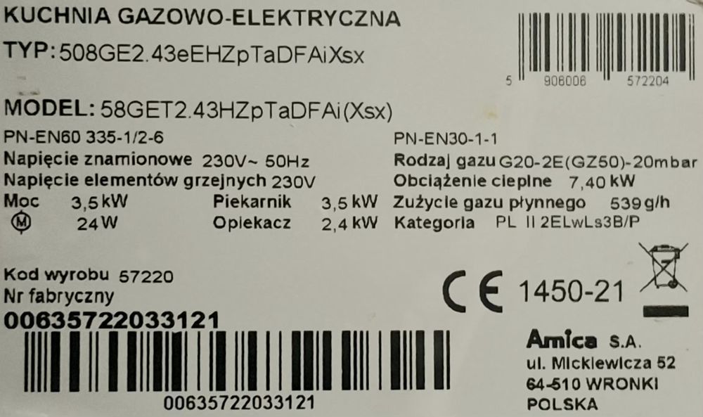 Kuchenka Amica z transportem,Gwarancja