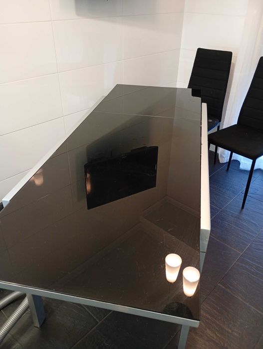 Mesa Extensível Vidro Cozinha + 4 cadeiras tecido