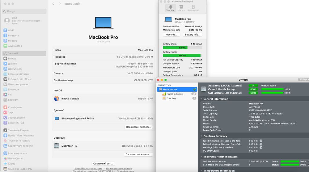MacBook Pro 15 2019 i9 16Gb 1TB Radeon 560X 4Gb A1990